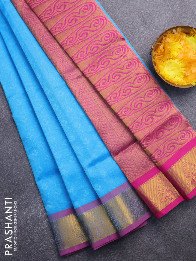 Silk cotton saree light blue and pink with allover self emboss & jacquard and zari woven border