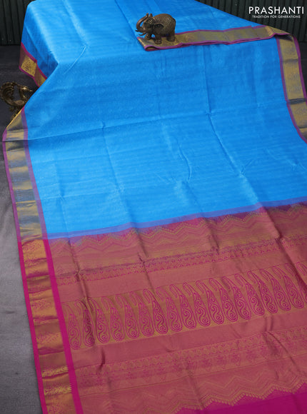 Silk cotton saree light blue and pink with allover self emboss & jacquard and zari woven border