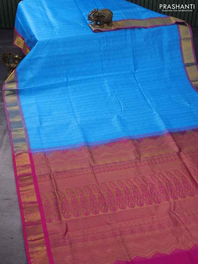 Silk cotton saree light blue and pink with allover self emboss & jacquard and zari woven border