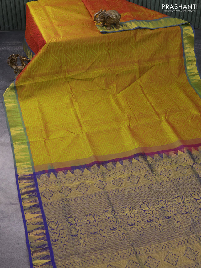 Silk cotton saree dual shade of greenish maroon and blue with allover self emboss & jacquard and zari woven border