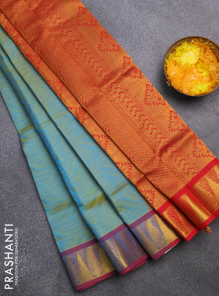 Silk cotton saree dual shade of bluish yellow and red with allover self emboss & jacquard and zari woven border