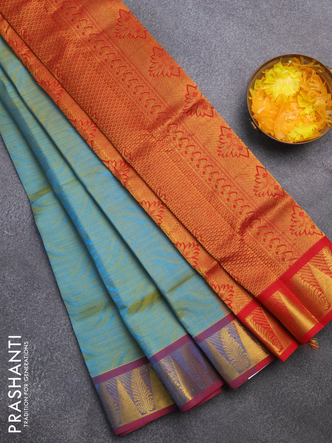 Silk cotton saree dual shade of bluish yellow and red with allover self emboss & jacquard and zari woven border