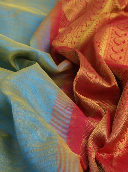 Silk cotton saree dual shade of bluish yellow and red with allover self emboss & jacquard and zari woven border