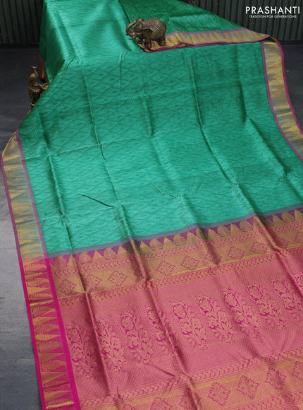 Silk cotton saree green and pink with allover self emboss & jacquard and zari woven border