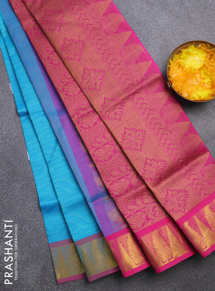 Silk cotton saree light blue and pink with allover self emboss & jacquard and zari woven border