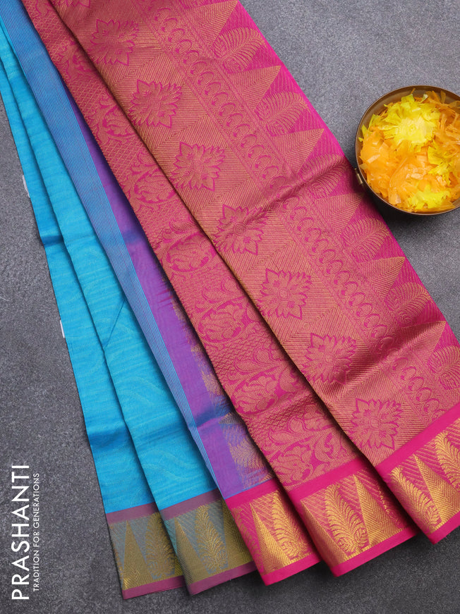 Silk cotton saree light blue and pink with allover self emboss & jacquard and zari woven border