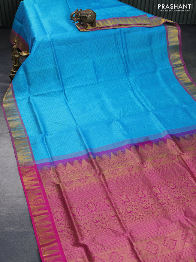 Silk cotton saree light blue and pink with allover self emboss & jacquard and zari woven border