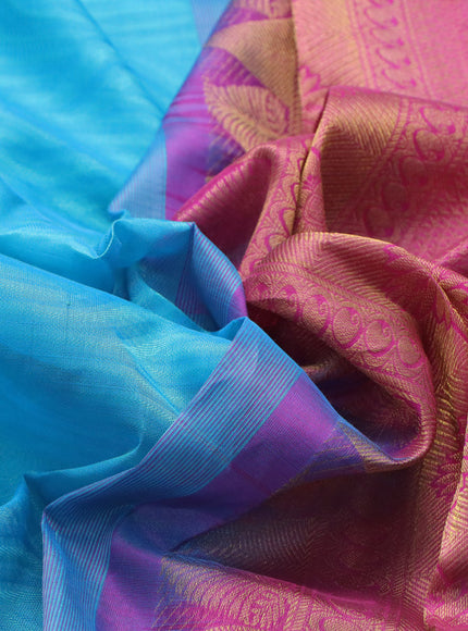 Silk cotton saree light blue and pink with allover self emboss & jacquard and zari woven border