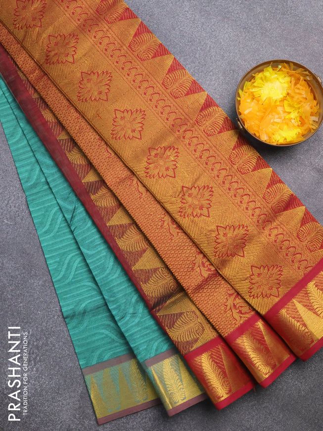 Silk cotton saree green shade and maroon with allover self emboss & jacquard and zari woven border