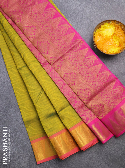 Silk cotton saree dual shade of mustard green and pink with allover self emboss & jacquard and zari woven border