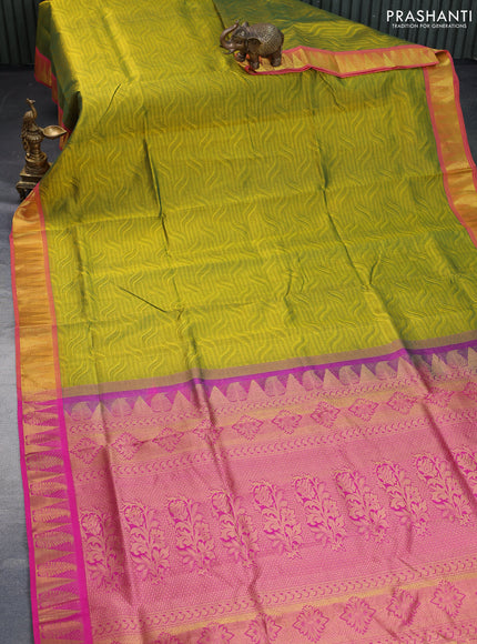 Silk cotton saree dual shade of mustard green and pink with allover self emboss & jacquard and zari woven border