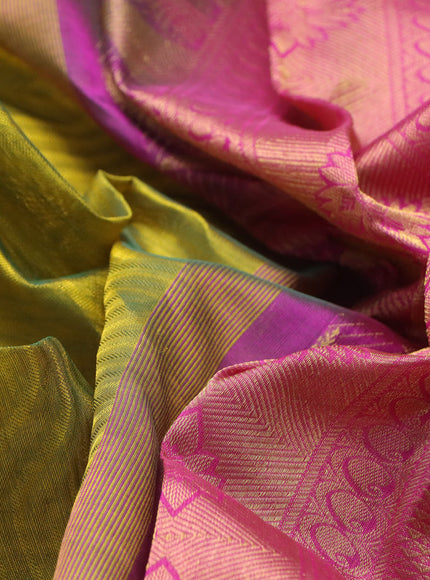 Silk cotton saree dual shade of mustard green and pink with allover self emboss & jacquard and zari woven border