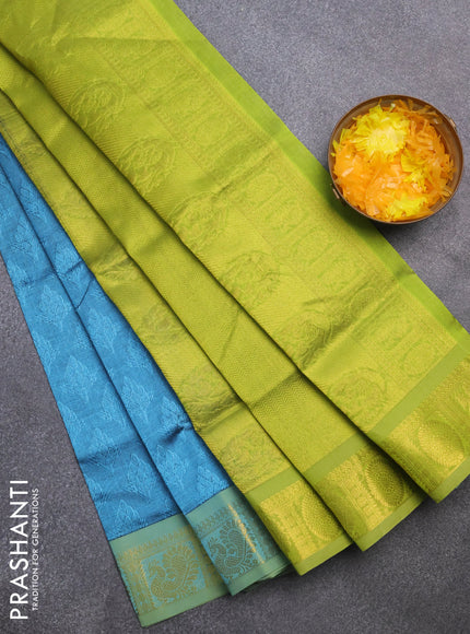 Silk cotton saree pastel blue and light green with allover self emboss & jacquard and annam & rudhraksha zari woven border