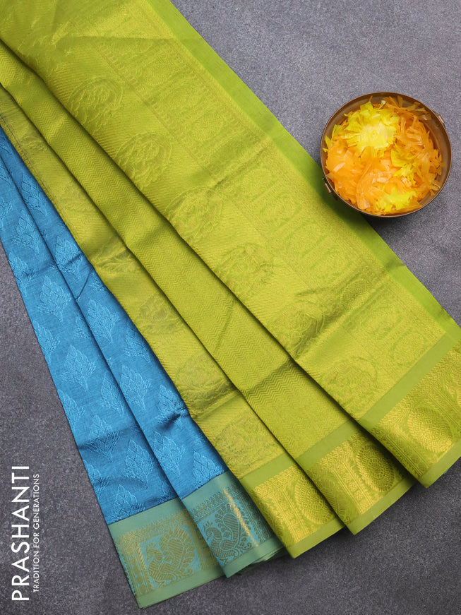 Silk cotton saree pastel blue and light green with allover self emboss & jacquard and annam & rudhraksha zari woven border