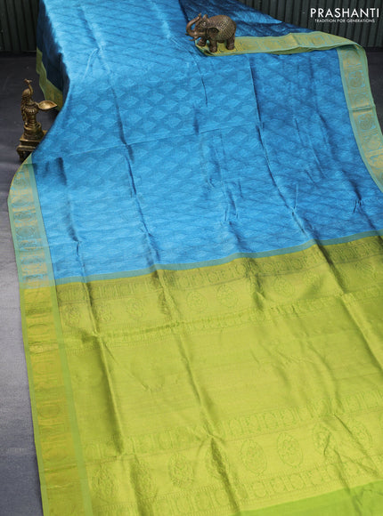 Silk cotton saree pastel blue and light green with allover self emboss & jacquard and annam & rudhraksha zari woven border