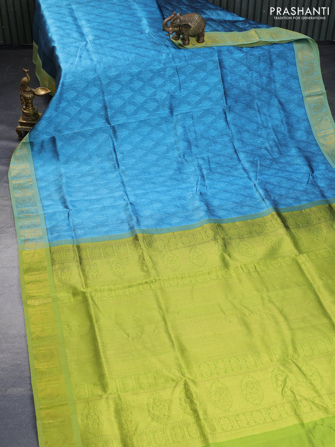 Silk cotton saree pastel blue and light green with allover self emboss & jacquard and annam & rudhraksha zari woven border