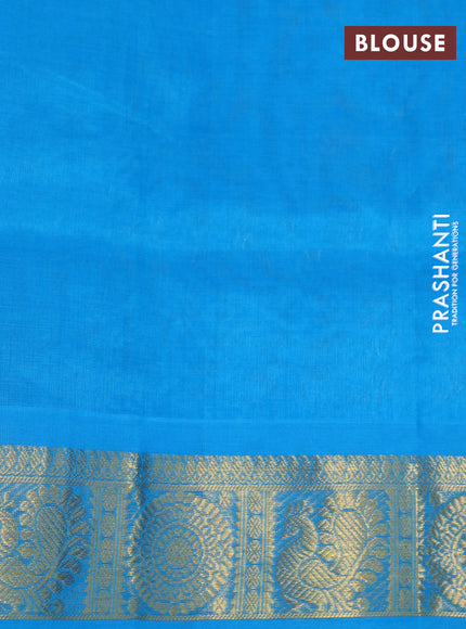 Silk cotton saree pale yellow and cs blue with allover self emboss & jacquard and annam & rudhraksha zari woven border