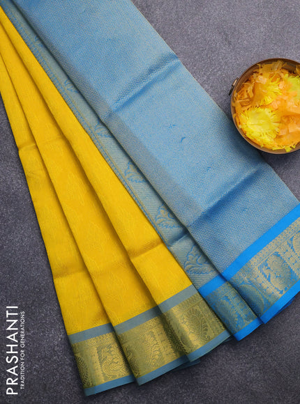 Silk cotton saree mango yellow and cs blue with allover self emboss & jacquard and annam & rudhraksha zari woven border