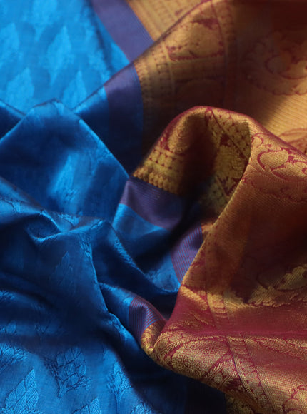 Silk cotton saree cs blue and maroon with allover self emboss & jacquard and annam & rudhraksha zari woven border