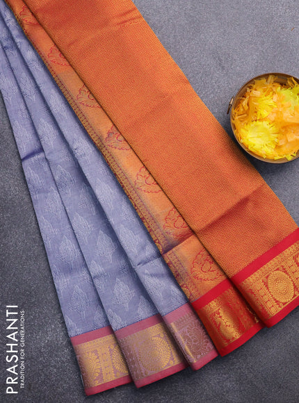 Silk cotton saree greyish blue and red with allover self emboss & jacquard and annam & rudhraksha zari woven border