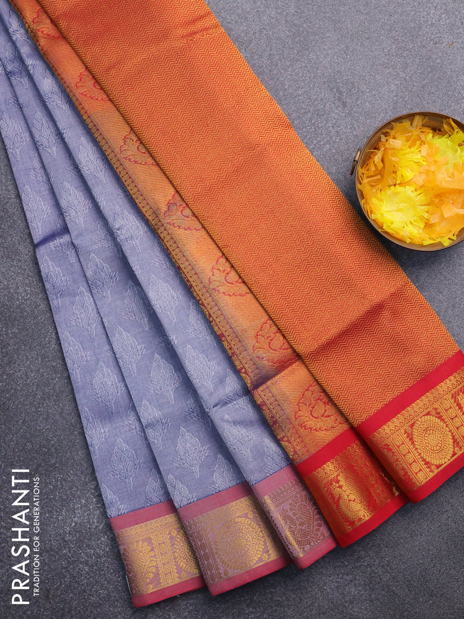 Silk cotton saree greyish blue and red with allover self emboss & jacquard and annam & rudhraksha zari woven border