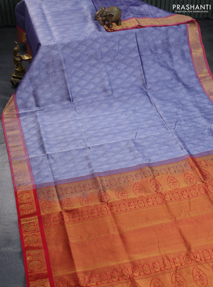 Silk cotton saree greyish blue and red with allover self emboss & jacquard and annam & rudhraksha zari woven border