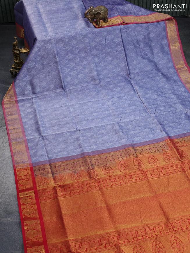 Silk cotton saree greyish blue and red with allover self emboss & jacquard and annam & rudhraksha zari woven border