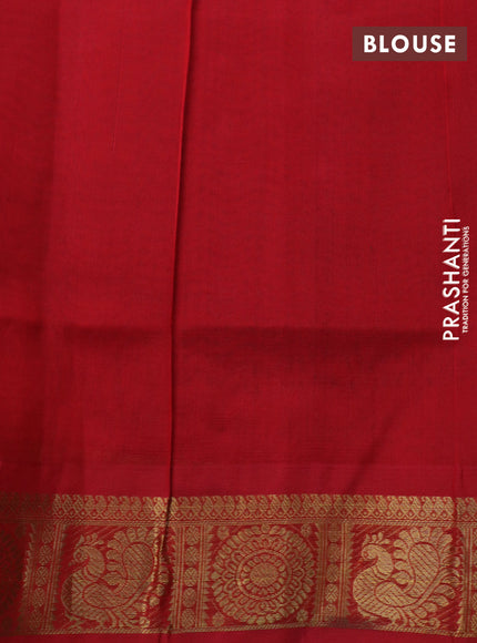 Silk cotton saree greyish blue and red with allover self emboss & jacquard and annam & rudhraksha zari woven border