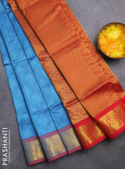 Silk cotton saree blue and red with allover self emboss & jacquard and zari woven border