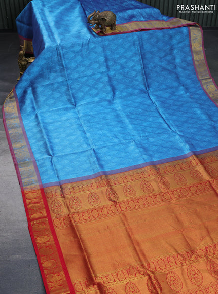 Silk cotton saree blue and red with allover self emboss & jacquard and zari woven border