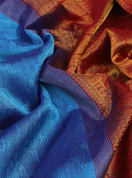 Silk cotton saree blue and red with allover self emboss & jacquard and zari woven border