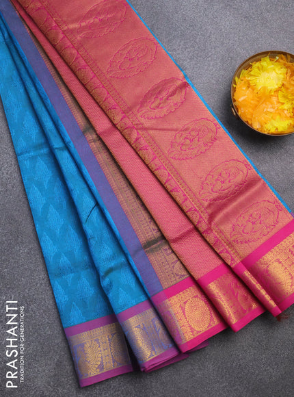 Silk cotton saree dual shade of cs blue and pink with allover self emboss & jacquard and zari woven border