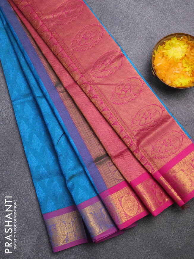 Silk cotton saree dual shade of cs blue and pink with allover self emboss & jacquard and zari woven border