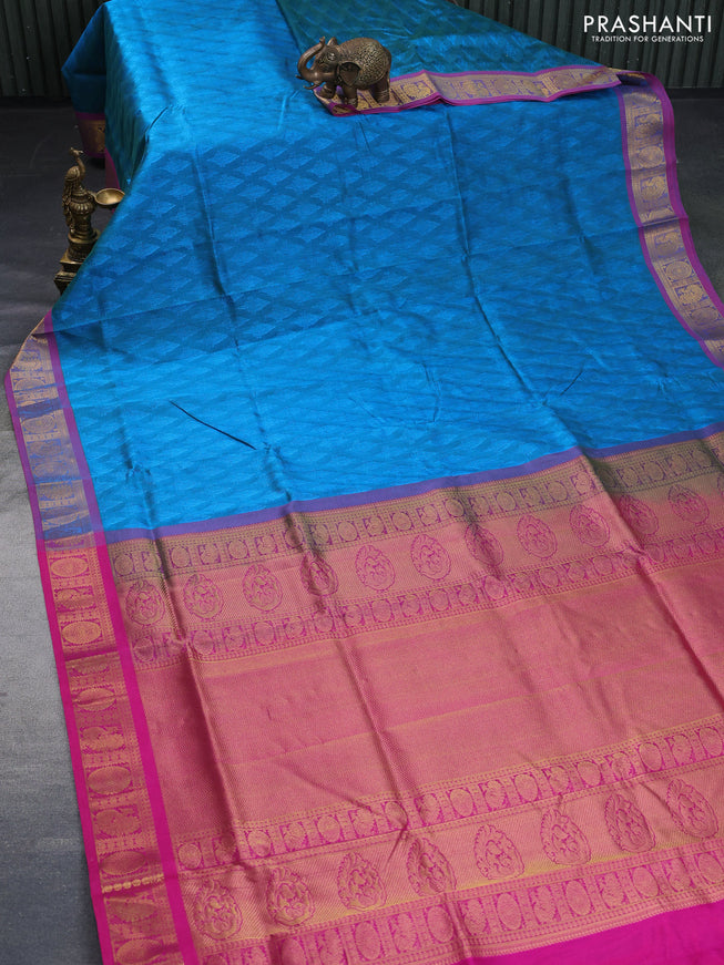 Silk cotton saree dual shade of cs blue and pink with allover self emboss & jacquard and zari woven border