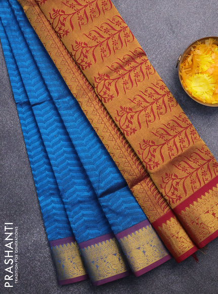 Silk cotton saree cs blue and maroon with allover self emboss & jacquard and zari woven border