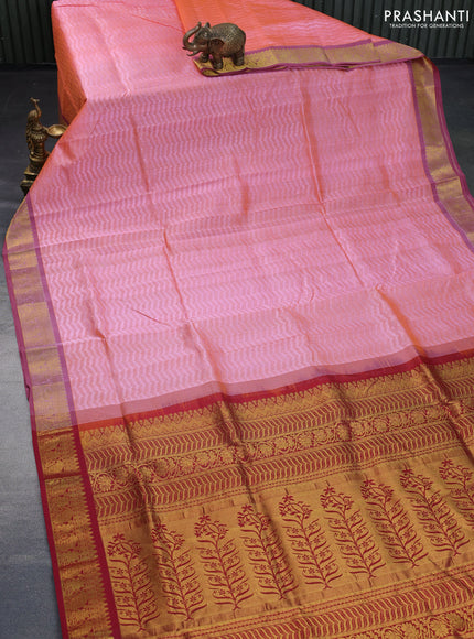 Silk cotton saree dual shade of peach orange and maroon with allover self emboss & jacquard and zari woven border