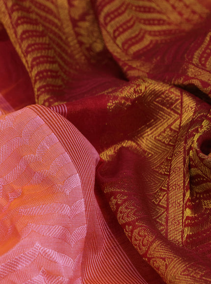 Silk cotton saree dual shade of peach orange and maroon with allover self emboss & jacquard and zari woven border