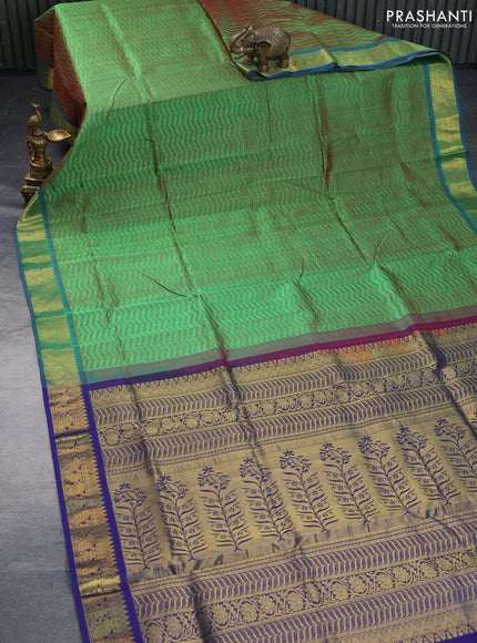 Silk cotton saree dual shade of green and blue with allover self emboss & jacquard and zari woven border