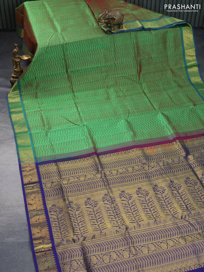 Silk cotton saree dual shade of green and blue with allover self emboss & jacquard and zari woven border