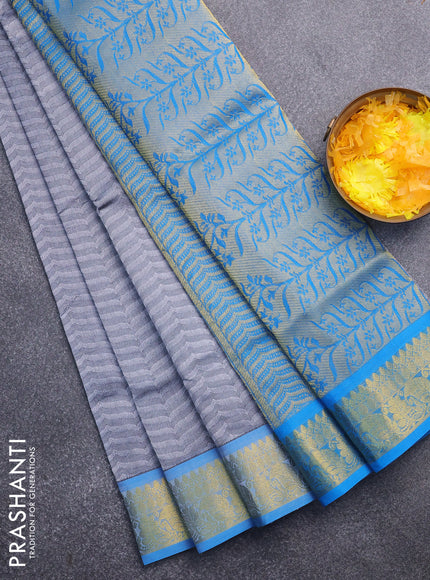 Silk cotton saree grey and cs blue with allover self emboss & jacquard and zari woven border