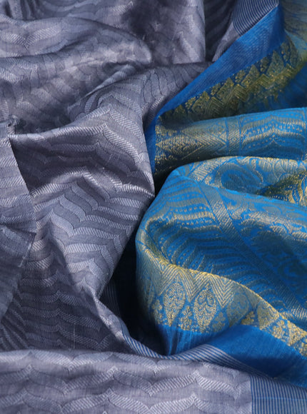 Silk cotton saree grey and cs blue with allover self emboss & jacquard and zari woven border