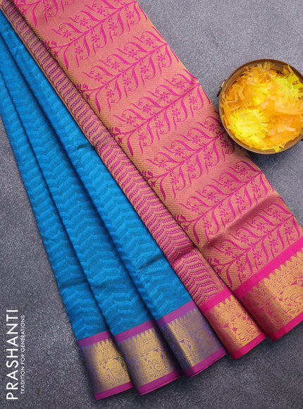 Silk cotton saree cs blue and pink with allover self emboss & jacquard and zari woven border