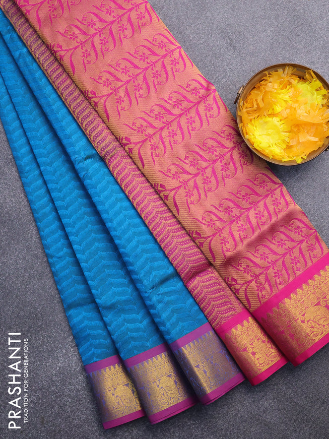 Silk cotton saree cs blue and pink with allover self emboss & jacquard and zari woven border