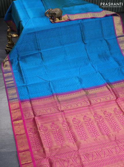 Silk cotton saree cs blue and pink with allover self emboss & jacquard and zari woven border