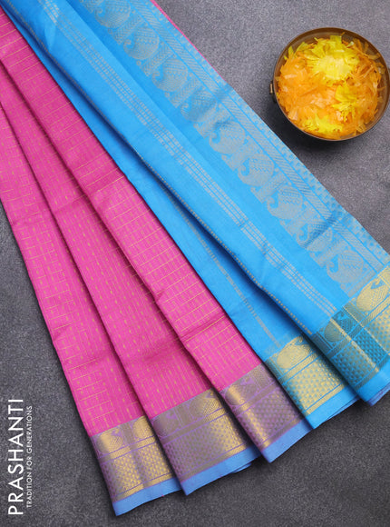 Silk cotton saree light pink and light blue with allover zari checks & buttas and annam & rudhraksha zari woven border