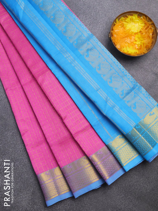 Silk cotton saree light pink and light blue with allover zari checks & buttas and annam & rudhraksha zari woven border