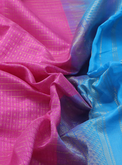 Silk cotton saree light pink and light blue with allover zari checks & buttas and annam & rudhraksha zari woven border