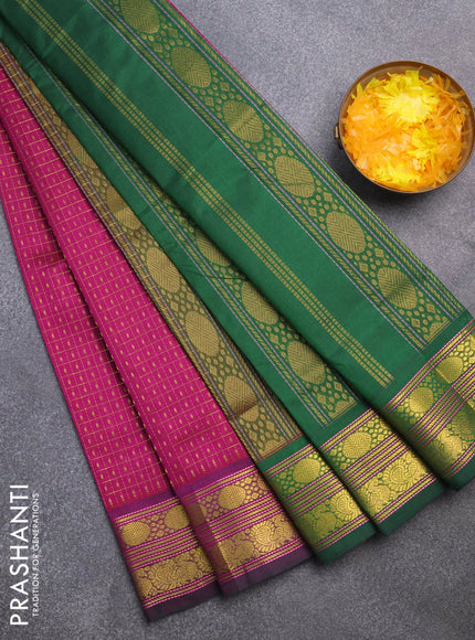 Silk cotton saree dark magenta and green with allover zari checks & buttas and annam & rudhraksha zari woven border