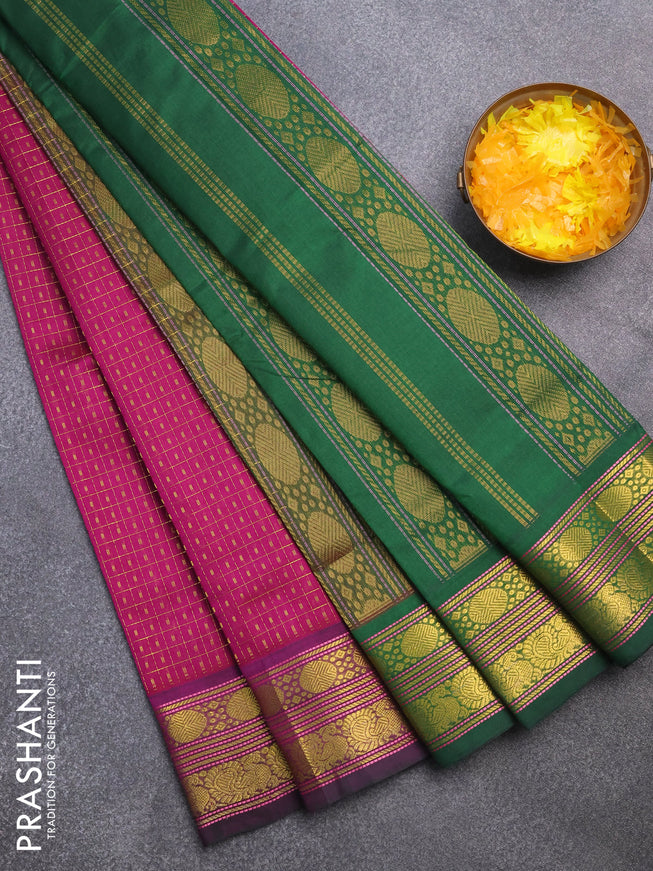 Silk cotton saree dark magenta and green with allover zari checks & buttas and annam & rudhraksha zari woven border