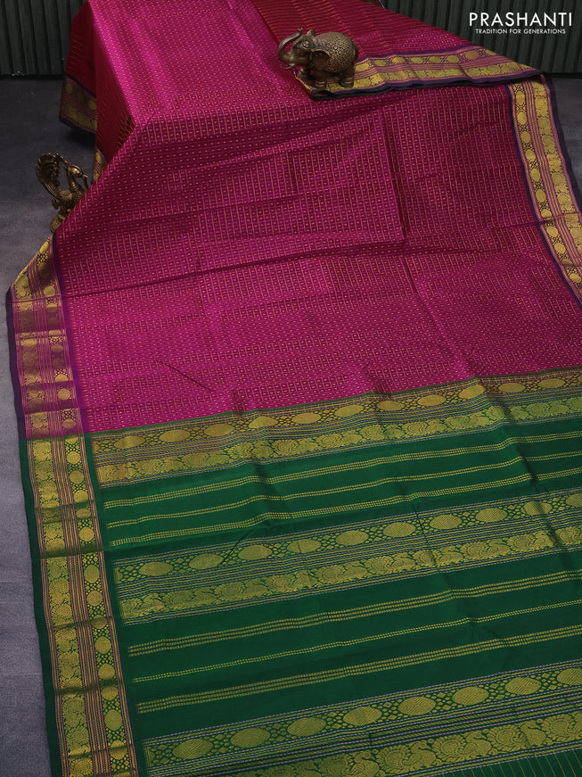 Silk cotton saree dark magenta and green with allover zari checks & buttas and annam & rudhraksha zari woven border